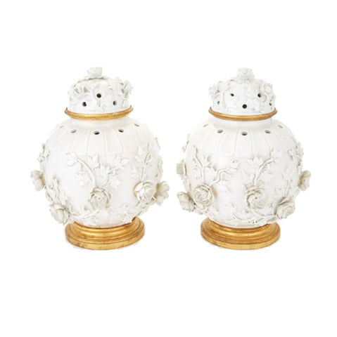 Gilt-Bronze mounted St. Cloud Style White glazed Porcelain Potpourri Vases (Pair)